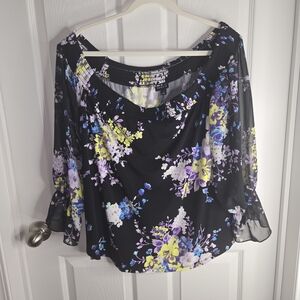 Torrid Black Floral Blouse with Purple and Yellow Accents